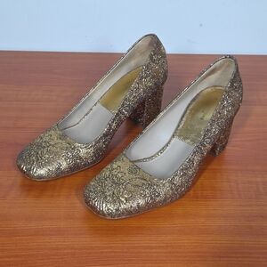 Michael Kors Collection Gold Brocade Tapestry Square Toe Heels Sz 37 Victorian